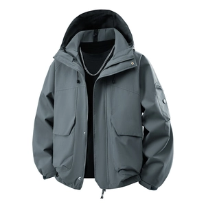 Men's medium gray hooded technical jacket with cargo pockets and windproof material