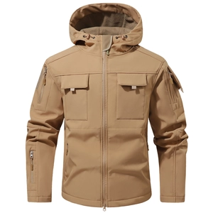 Men's khaki tactical softshell jacket with windproof hooded design and multiple pockets
