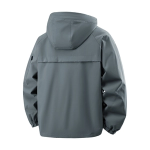Back view of a grey windproof hooded jacket featuring raglan sleeves and back ventilation pleats