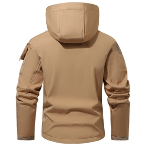 Rear view of tactical hooded softshell jacket in khaki with utility arm pockets and velcro