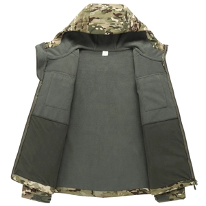 Detail of hooded camo jacket featuring warm green fleece lining and adjustable cuffs