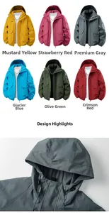 Close-up of adjustable hood and high-collar design on outdoor windproof grey jacket
