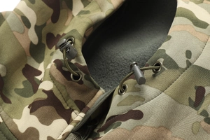 Detailed macro of multicam tactical jacket collar with fleece lining and drawstring