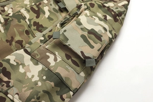 Detail of multicam tactical jacket showing durable fabric and zipper pocket structure