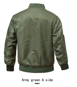 Detail view of army green bomber jacket with functional zipper pocket on the sleeve