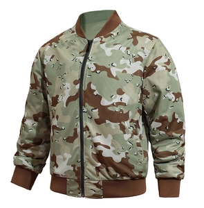 Detailed view of camouflage bomber jacket with brown ribbed cuffs and metal zipper