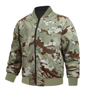 Detailed close-up of a men's camouflage bomber jacket with classic ribbed collar and hem
