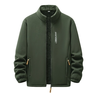 Giacca in pile outdoor da uomo verde scuro con colletto dritto e fodera calda