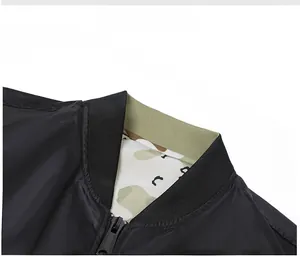 Detailed close-up of ribbed collar and camouflage lining on reversible bomber jacket