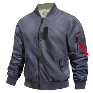 Men's dark gray bomber jacket with sleeve pocket and red ribbon on white background