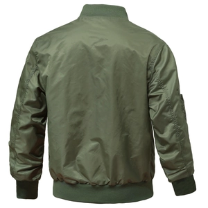 Army green reversible bomber jacket back view with rib-knit cuffs and sleeve pocket details