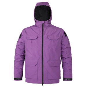 Detail of purple hooded utility jacket featuring multiple cargo pockets and sturdy zippers