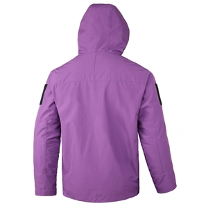 Men's purple hooded tactical jacket with adjustable cuffs and windproof fabric