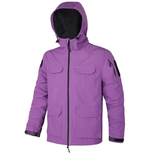 Detail of purple hooded tactical jacket with four utility pockets and black hardware