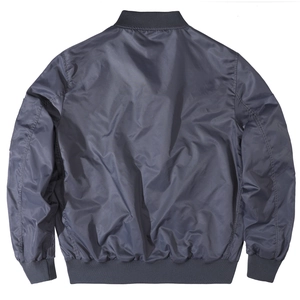 Back view of a navy blue bomber jacket with classic ribbed collar and hem details