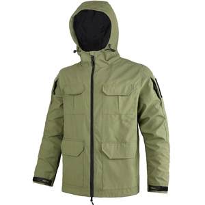 Army green hooded tactical jacket with four large utility pockets and adjustable cuffs