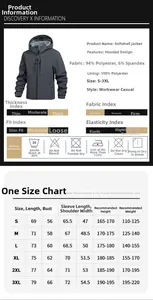 Maattabel en materiaaldetails voor heren softshell jas met pasvormgids S-3XL
