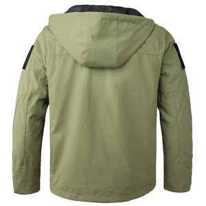 Detail of the hooded outdoor jacket back showing olive green fabric and arm velcro patches