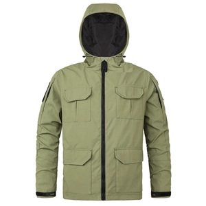 Detailed view of olive green tactical jacket with four front pockets and hood