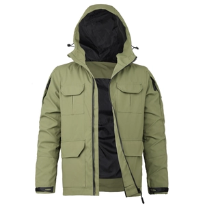 Detail of olive green tactical jacket featuring functional multi-pockets and black zippers