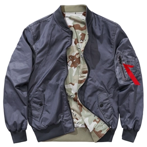 Detail of MA-1 bomber jacket with camouflage lining and iconic red utility flight tag