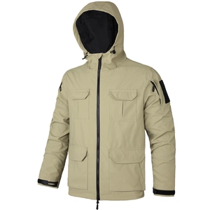 Men's khaki tactical hooded jacket featuring multiple utility cargo pockets and black zippers
