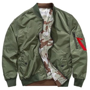 Detail of army green bomber jacket featuring camouflage lining and sleeve utility pocket