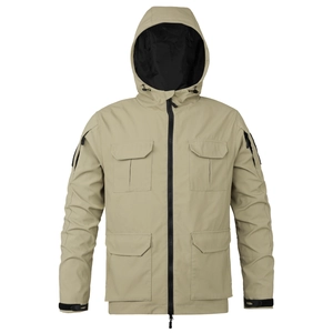 Detail view of khaki hooded tactical jacket with four large pockets and black zipper