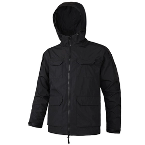 Men's black tactical hooded jacket with four utility pockets and windproof fabric