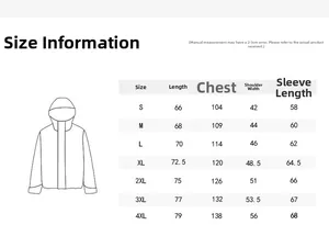 Detailed size chart for men's hooded jacket covering sizes S to 4XL with measurements