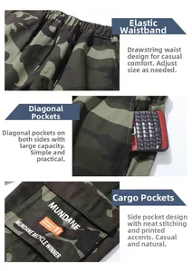 Détail de la taille élastique à cordon et poche cargo latérale avec motif camouflage