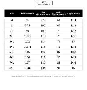 Tableau des tailles pour pantalons cargo hommes montrant les mesures de longueur du M au 8XL