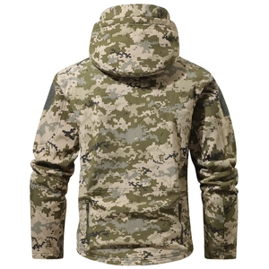 Tactical camouflage jacket back view showing windproof hood and rear zippered pockets