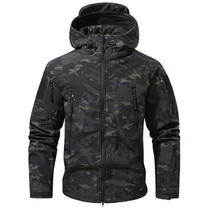 Tactical shark skin softshell jacket in dark black camouflage with windproof hood