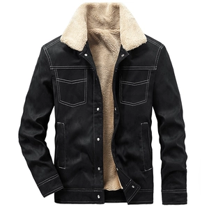Giacca invernale da uomo in pelle scamosciata nera con collo in pile beige caldo
