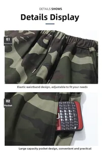 Détail du pantalon cargo avec taille élastique à cordon et grande poche latérale pratique