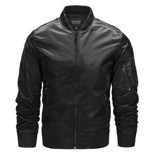 Detail of classic black bomber jacket with sleeve pocket and rib-knit collar