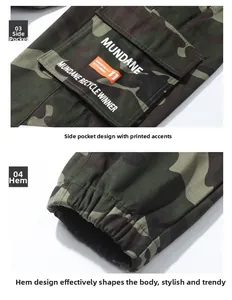 Détail de poche cargo avec texte imprimé et chevilles élastiques sur pantalon camo