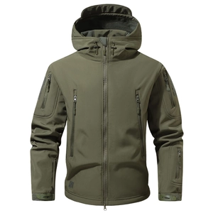 Army green tactical softshell jacket with hood and multiple functional zipper pockets