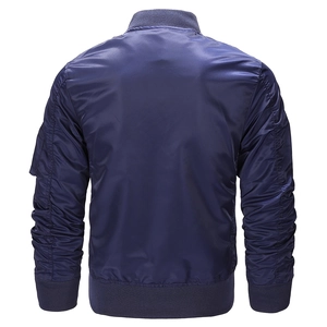Back view of navy blue bomber jacket with ribbed collar and sleeve zipper pocket