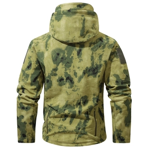 Back view of Moss Green Camo Tactical Softshell Jacket with hood and storage pockets
