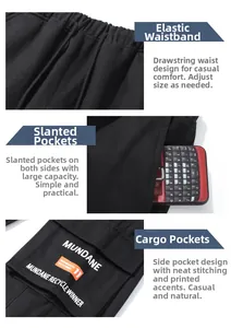Détails du pantalon cargo noir avec taille élastique à cordon et poches latérales imprimées