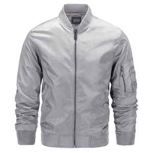 Silver grey men's bomber jacket with ribbed collar and sleeve utility pocket