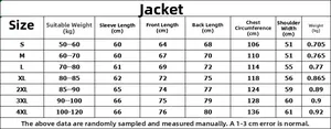Detailed size chart for tactical softshell jacket including weight and measurements