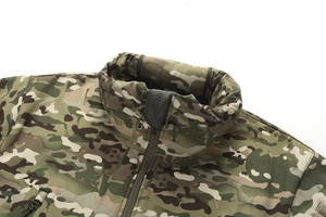Detail of multicam tactical jacket featuring adjustable stand collar with fleece lining