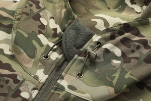 Detailed close-up of tactical camo jacket collar with fleece lining and adjustable drawstring