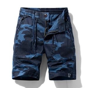 Men's blue camouflage cargo shorts with drawstring waist and outdoor casual style