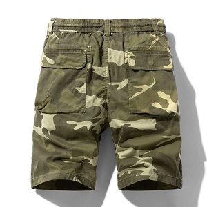 Retro men's camouflage cargo shorts featuring elastic waist and dual back flap pockets