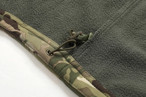 Detail of army green fleece jacket featuring camouflage trim and adjustable elastic drawstring