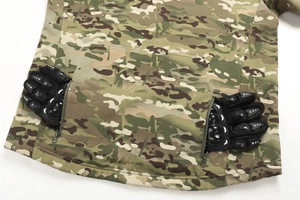 Macro view of camo jacket back with dual zipper pockets and tactical gloves storage